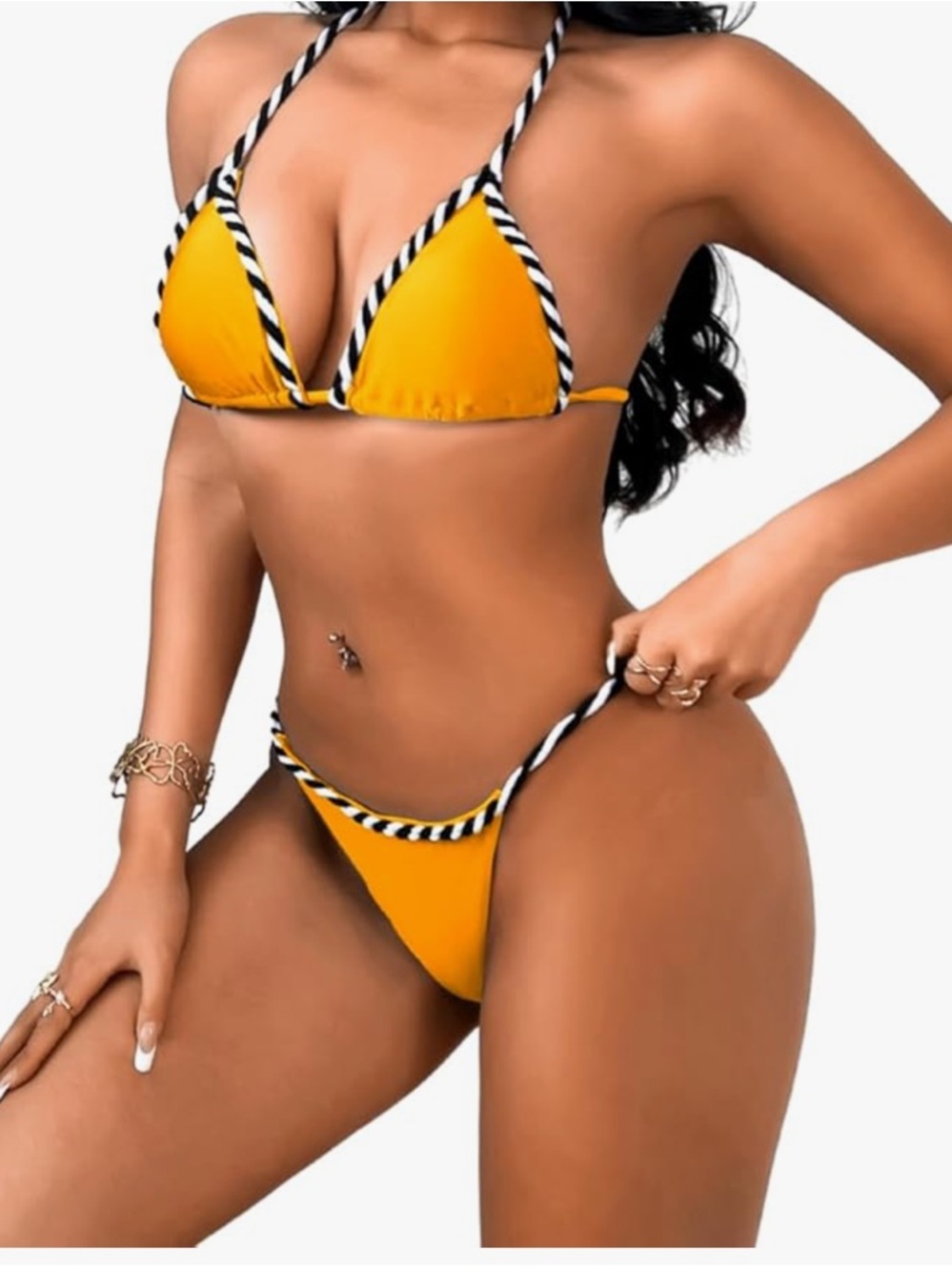 Women's Yellow Triangle Bikini with Black-White Trim - Chic Beachwear